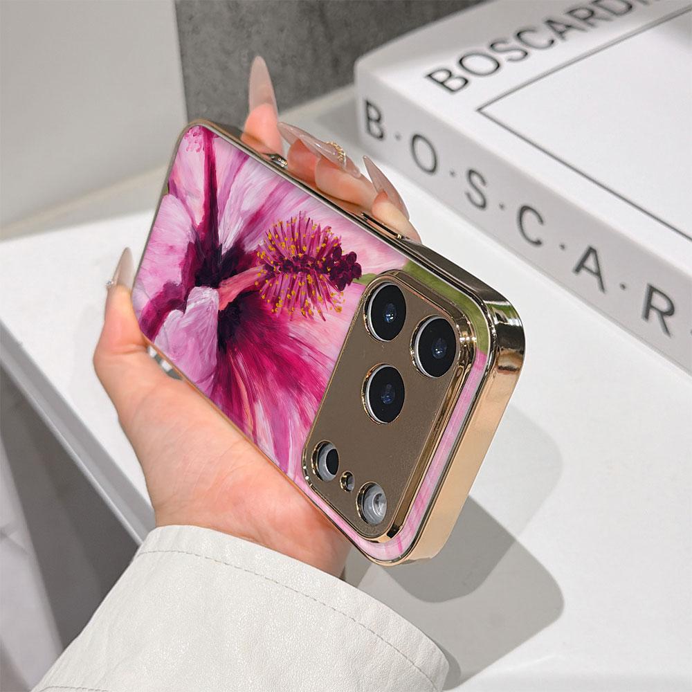 Lucky Start Phone Case For iPhone 17 16 15 14 13 12 11 Pro Max 16E Gold Electroplated glass shell Blush Hibiscus Cover