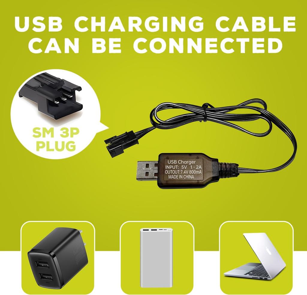 1x Li-ion Battery 7.4V 600mAh 2S with SM-3P Connector + USB Cable – Compatible with RC Car DE82, TK3086B, TK-3082B, G20601, Stunt Flip Car