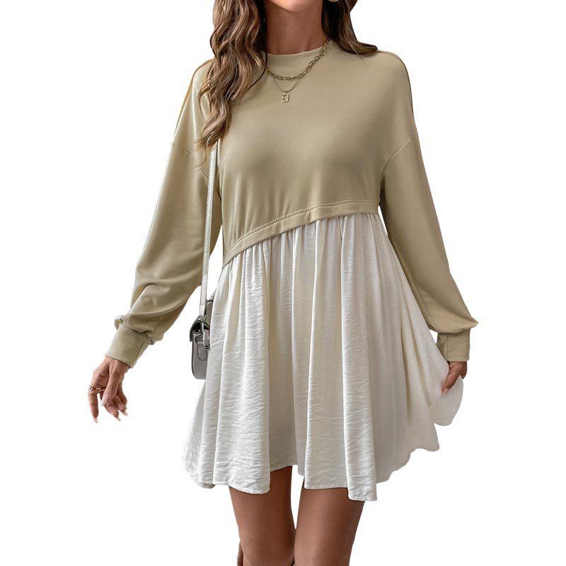 Women's Casual Daily Long Sleeve Dress Autumn Round Neck Clashing Colour Splicing Short Dresses