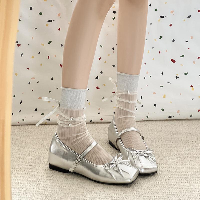 Inner height increase versatile light mouth single shoes women's spring and summer retro square head bow one-word buckle Mary Jane shoes