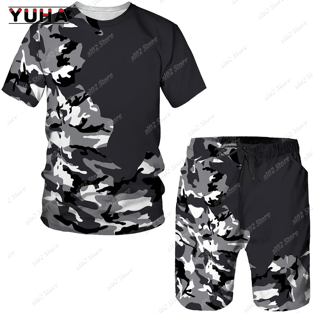 YUHA 2022 Summer Camouflage Tees/Shorts/Suits Men's T Shirt Shorts Tracksuit Sport Style Outdoor Camping Hunting Casual Mens Clo