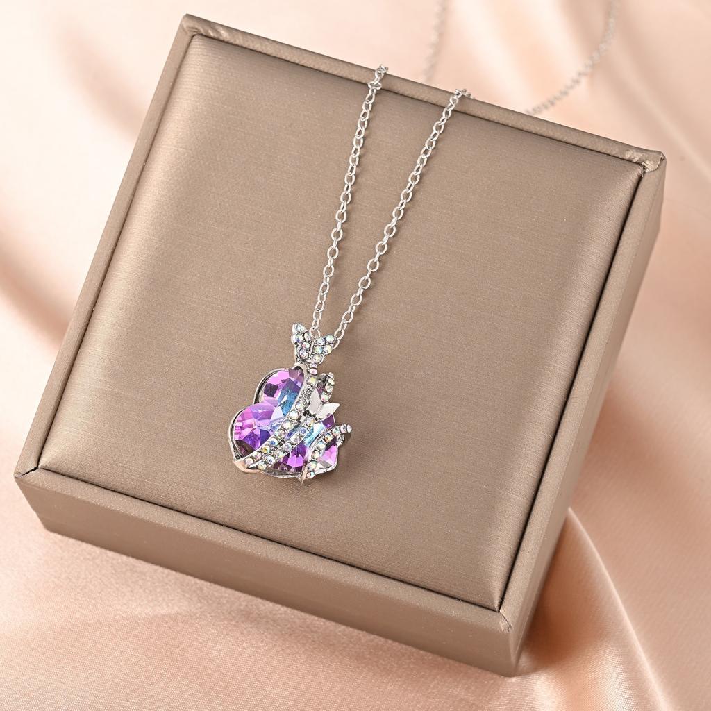 Exquisite Fashion Creative Multicolor Heart Shape Crystal Necklace Colorful Rhinestone Butterfly Ladies Banquet Jewelry Couple