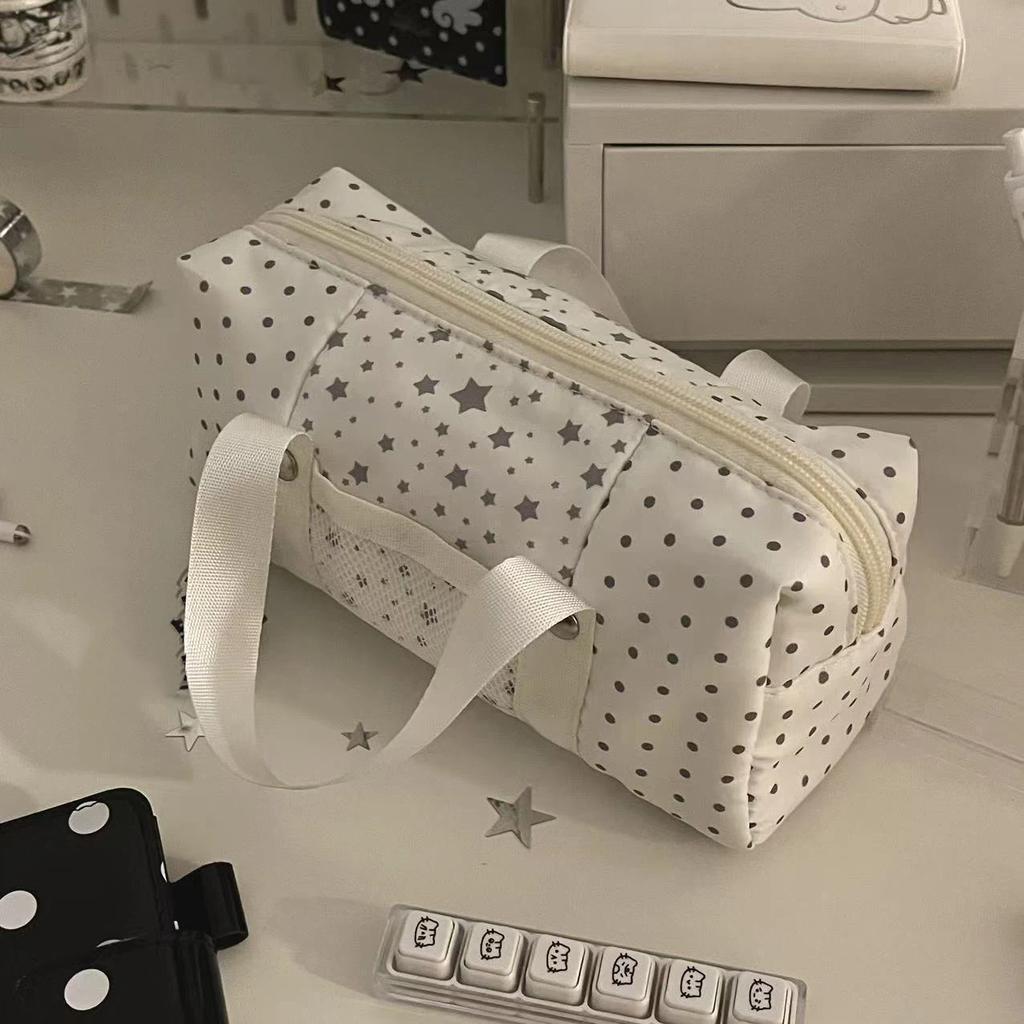 White Blue Color Star Polka Dot Tote Pencil Case Instagram Aesthetic Cute Pen Bag for Kids Large Capacity Stationery Organizer