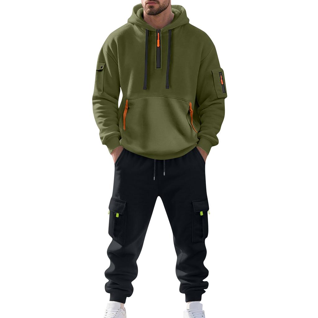 Men's Solid Color Casual Suit Loose Sports Hooded Sweatshirt With Pockets Multi Pocket Overalls Suit