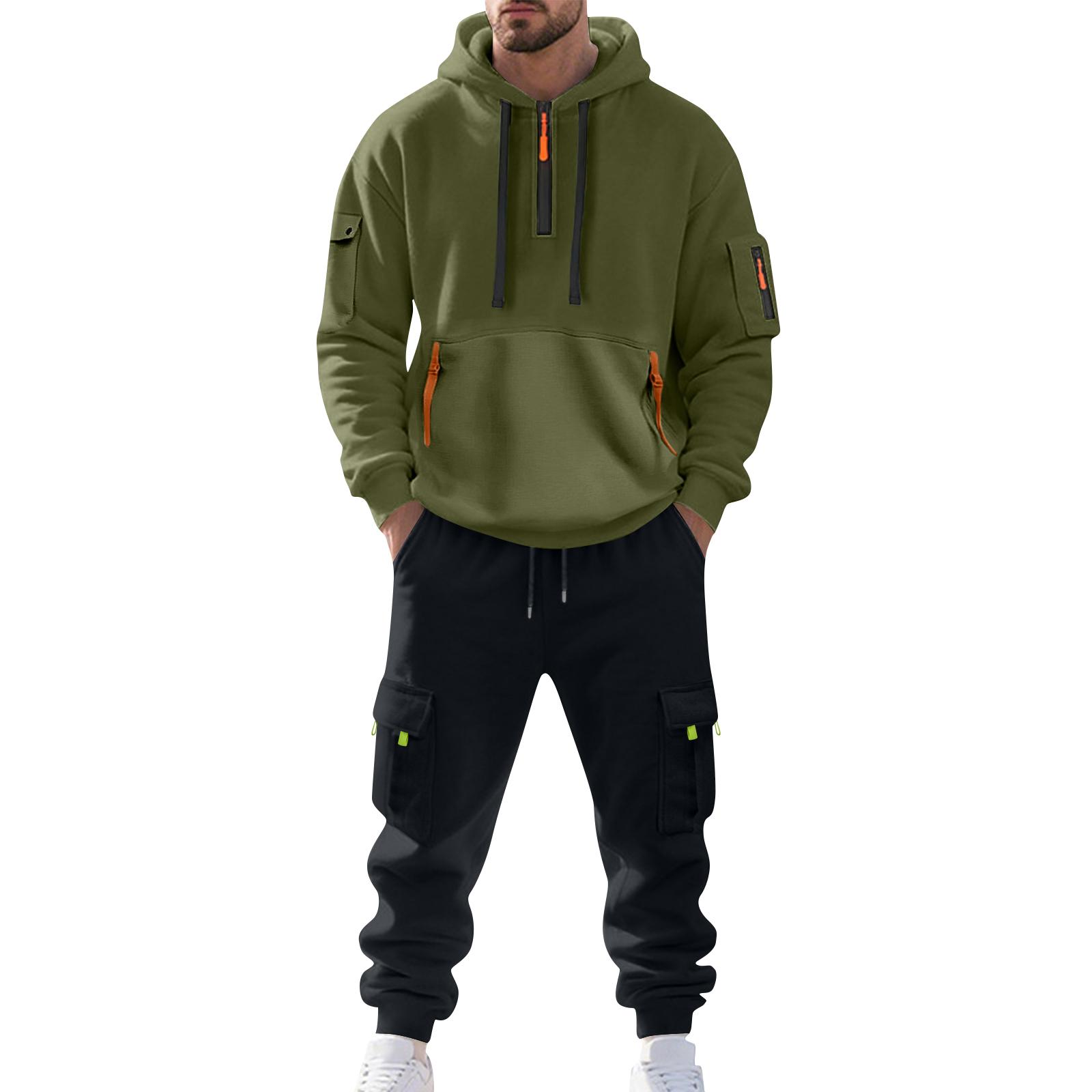 

Men s Solid Color Casual Suit Loose Sports Hooded Sweatshirt With Pockets Multi Pocket Overalls Suit L армія зелений колір