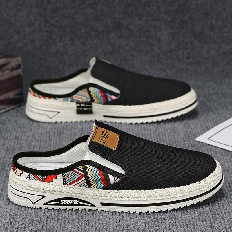 Corduroy Semi-Drag Men Casual Shoes Half Shoes For Men Mules Slipper Outdoor Sandals Summer Backless Board Shoes Flat Man Slides