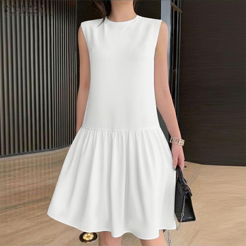 ZANZEA Women Casual Round Neck Solid Color Summer Sleeveless Dress