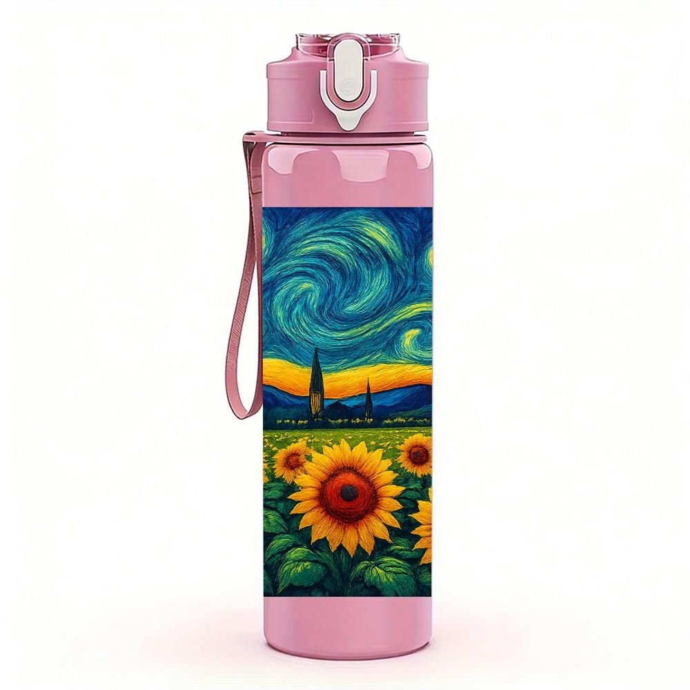 1PC Van Gogh Sunflower Starry Night 750ml Color Plastic Sports Water Bottle Leakproof Flip Straw Lid Suitable for Sports Office Home Use