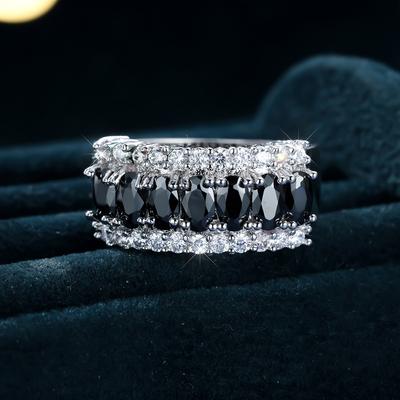 Silver Color Marquise Cut Black Stone Eternity Ring Bridal Engagement Ring Wedding Band Anniversary Gift