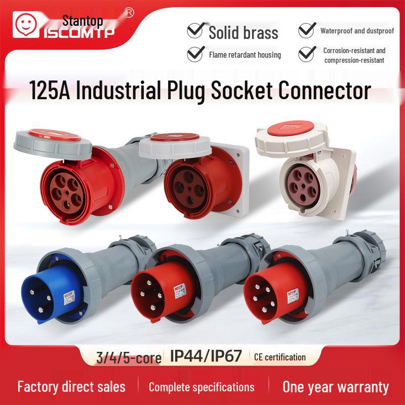 IP67 125A Angled Industrial Plug & Socket, Waterproof Male-Female Connector, 3-5 Pin Flush Mount