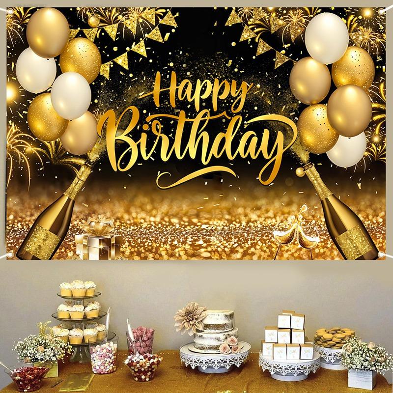 Black Golden Happy Birthday Backdrop Banner 30th 40th 50th 60th Birthday Party Backdrop Decor Photo Photography Background Props