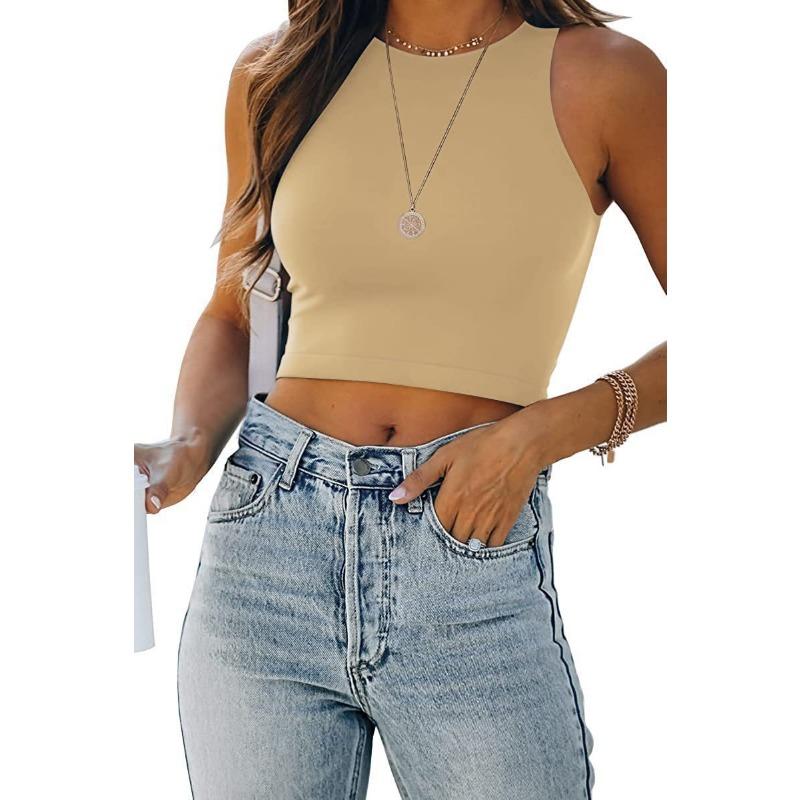 Summer Women's Vest Solid Colour Sleeveless Round Neck Work Vest Top