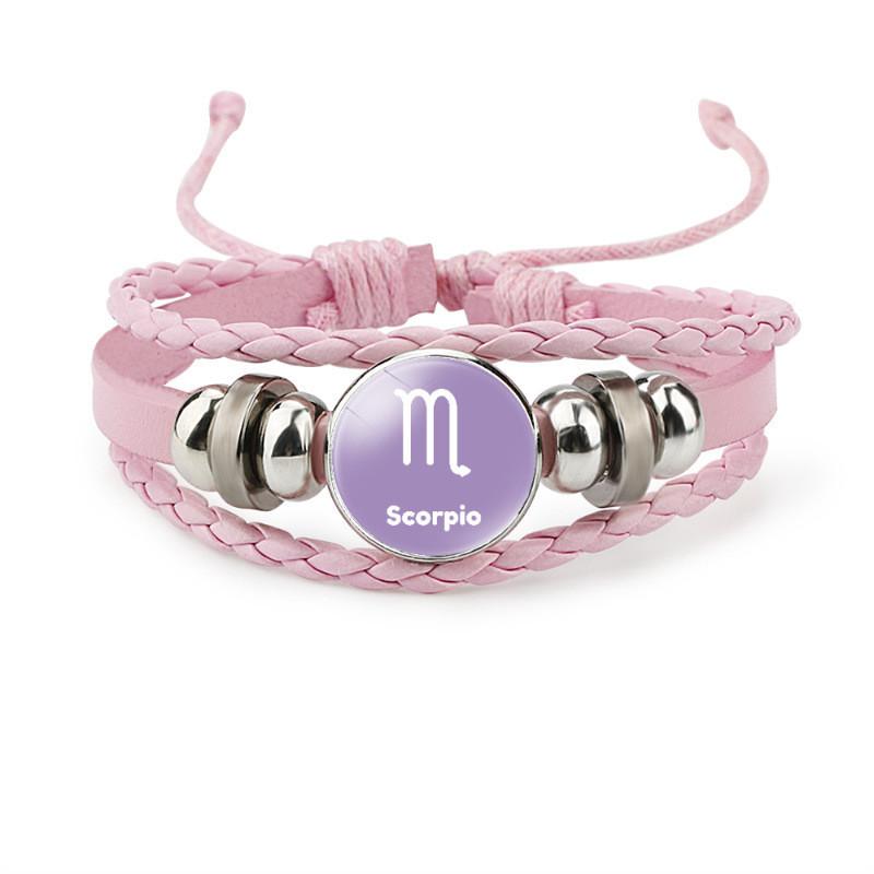 Fashionable Zodiac Sign Pink Leather Bracelet Handcrafted Multi-layer Design
