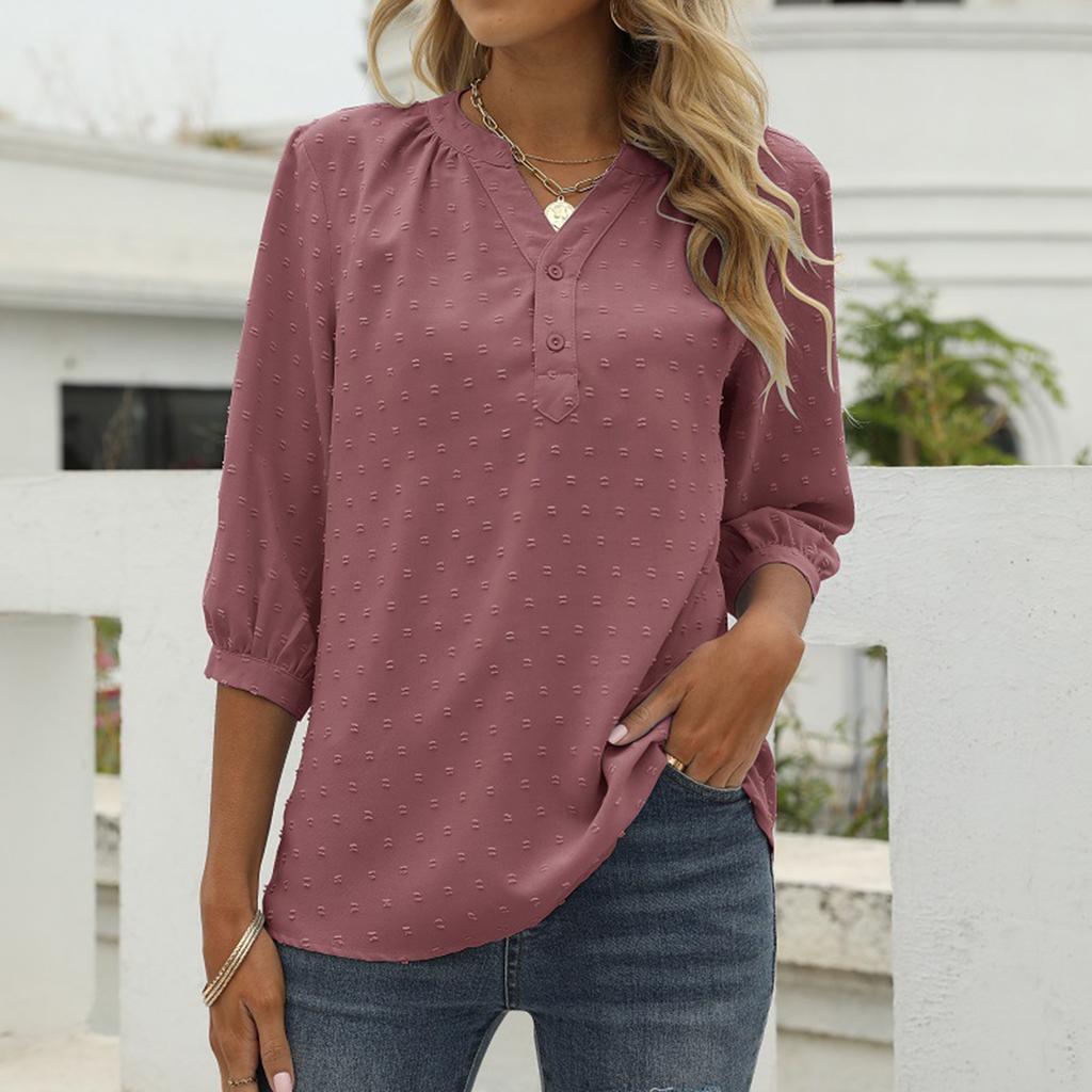 Women's Casual Loose-fitting Spring/Summer Stand Collar Mid-Sleeve Shirt Pom-Pom Top