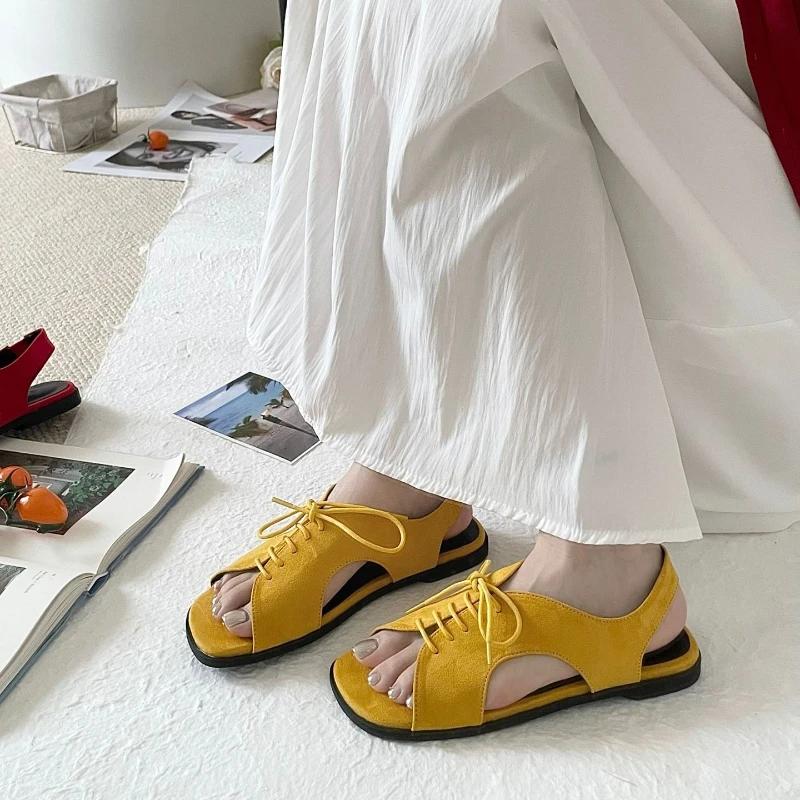 Fashion Retro Roman Style Flat Sandals Women Brown Faux Suede Lace Up Designer Shoes Comfort Open Toe Soft Sole Beach Shoe Zapatos Mujer