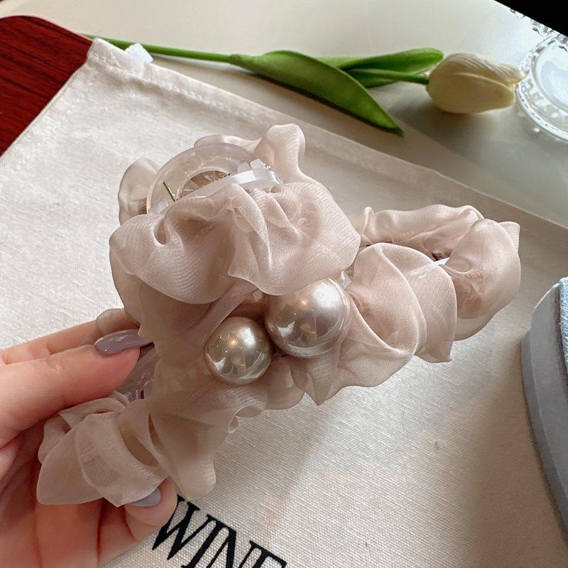 Summer Crinkle Chiffon Pearl Hair Claw Clip, Elegant Oversized Mesh Hair Clip for Women Accessoires Femme Hair Clips for Girls