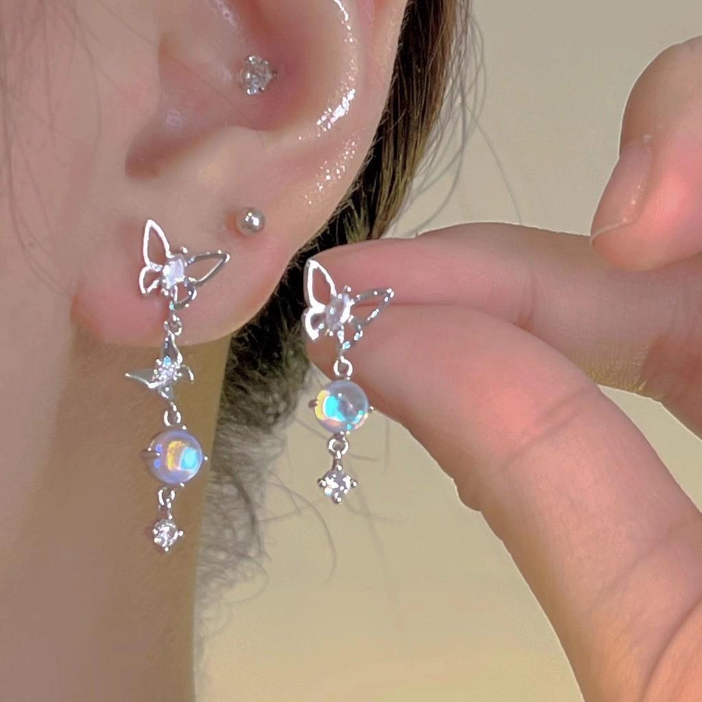Fashion Moonstone Tassels Earring Hollow Butterfly Crystal Silver Drop Earrings for Women Jewelry Accessories