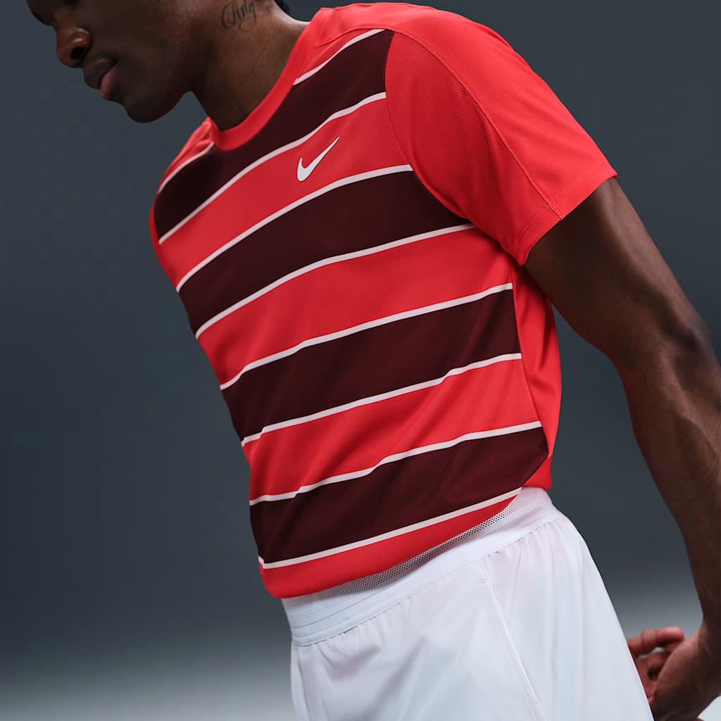 Nike Dri-FIT ADVCourt Slam Short Sleeve Tennis Shirt Comfortable Versatile Striped Men Tops Light-Red Dark-Red White FZ6935-696