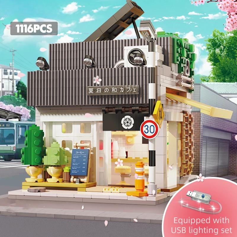 1116Pcs LED City Japanese Style Summer Restaurant Coffee House Building Blocks Friends Light Shop Bricks Toys Children Gift