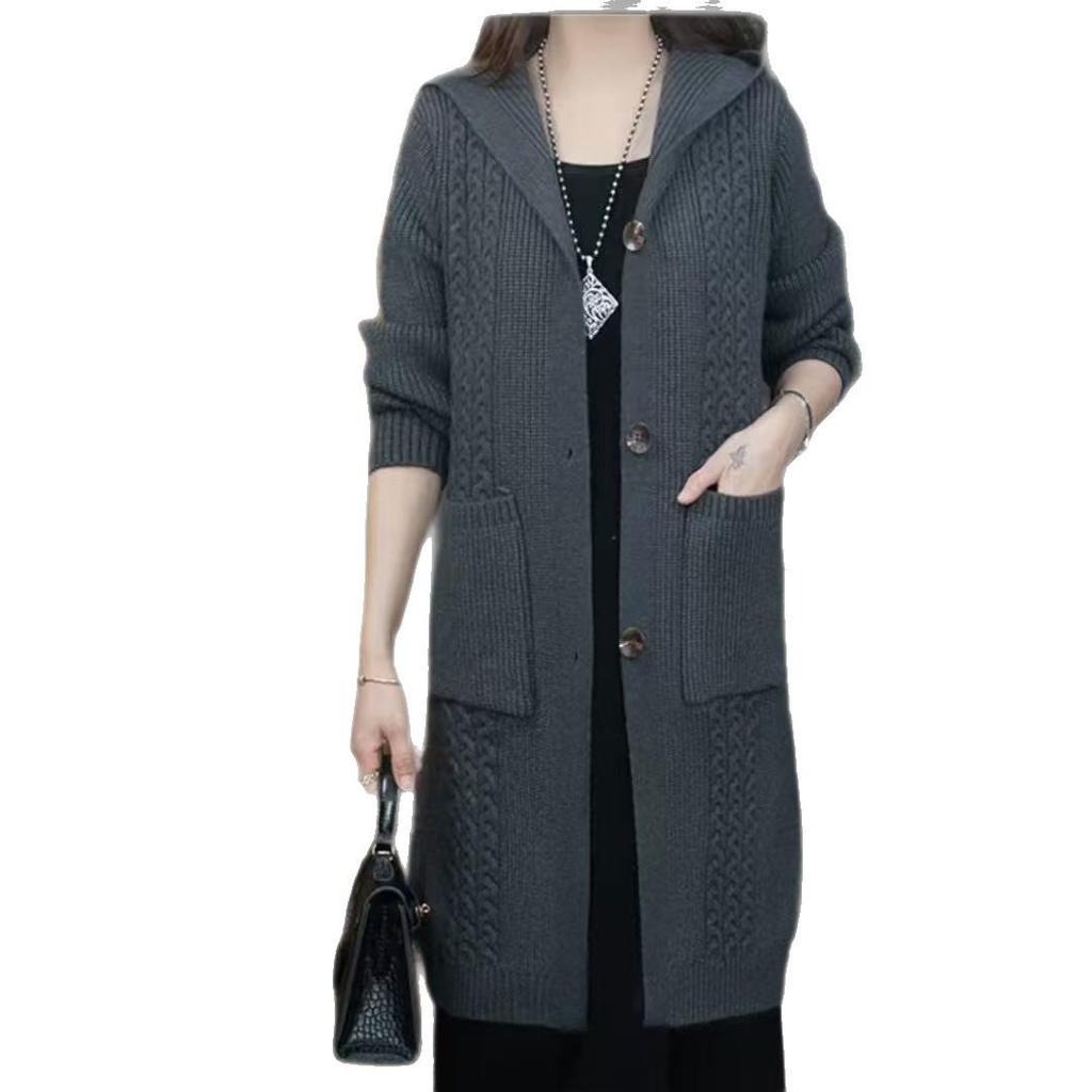 Stylish Plus Size Hooded Cardigan: Mid-Length Knit Sweater Coat for Moms (Autumn/Winter)