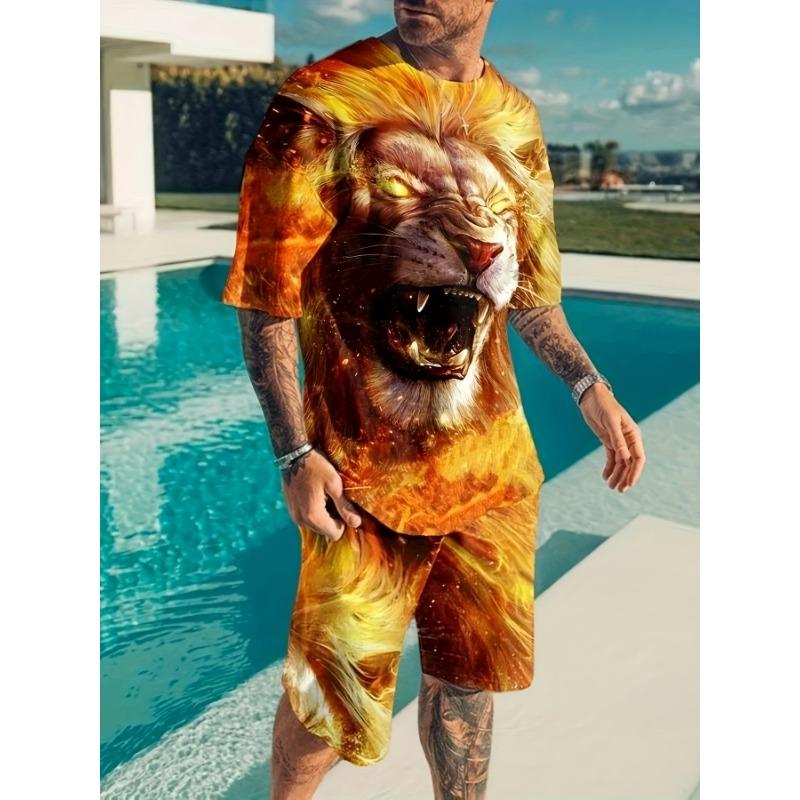 

Summer ferocious beast lion pattern casual street T-shirt + shorts two-piece 3D printed O-neck suit XL
