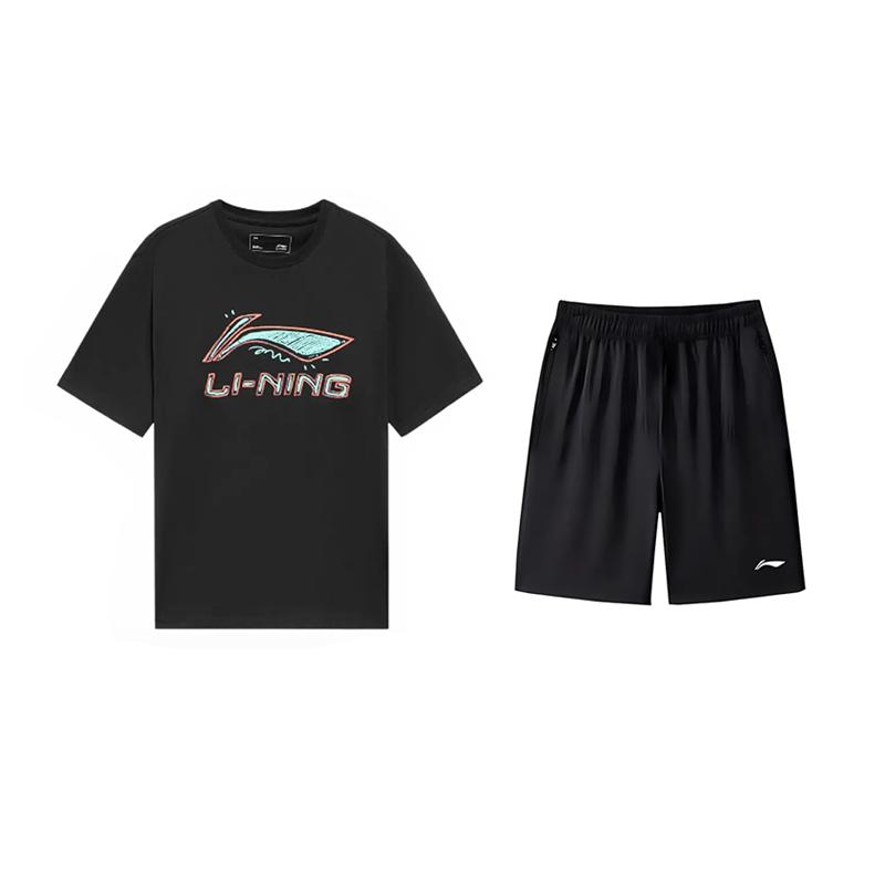 Li-Ning Graffiti Logo Round Neck Pullover Short Sleeve Fashion Versatile Comfortable Shorts Casual Sports Suit Unisex suit AHSUB03-1+AKSV843-1