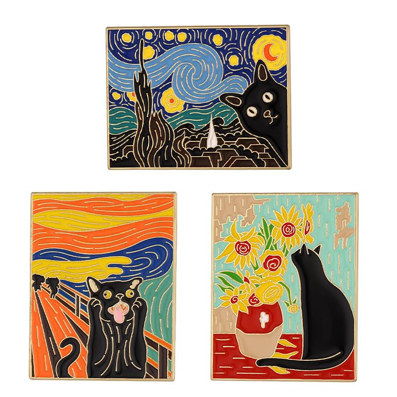 Ölgemälde 3-5 Stück/Set Emaille-Pins Tarotkarten Nachthimmel Schwarze Katze Broschen Anstecknadel Punk Gothic Schmuck Geschenk für Freunde