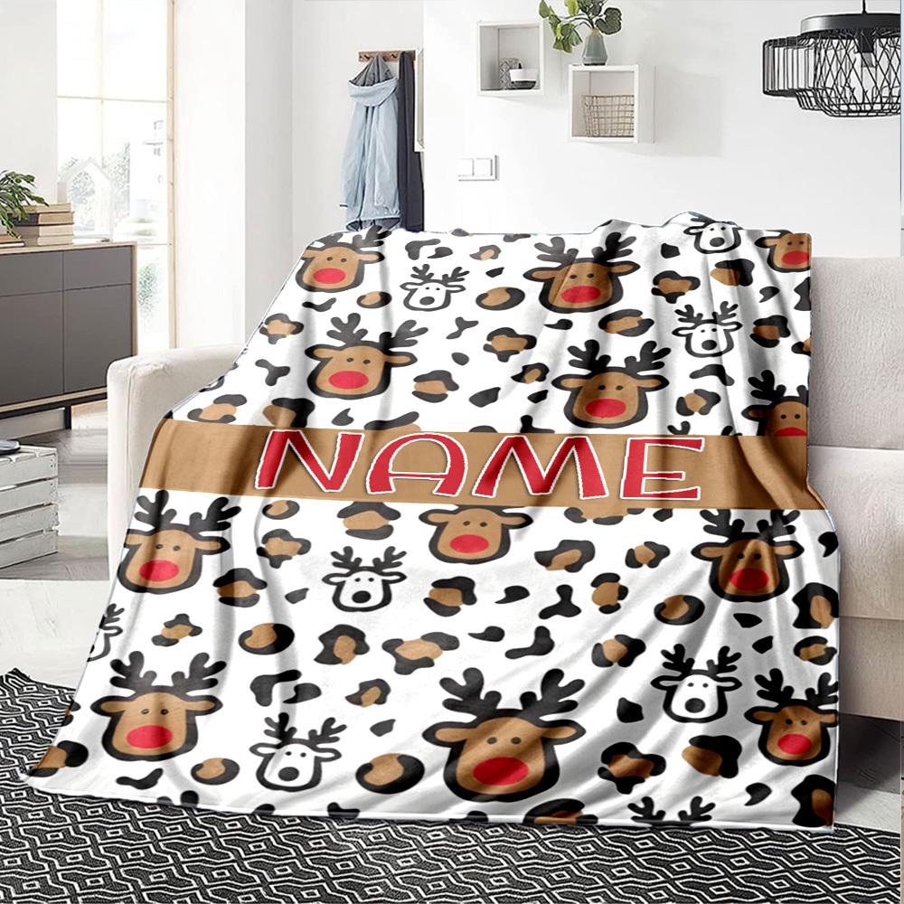 Reindeer Leopard Print Pattern Lightweight Customizable Blanket Personalized Name Warmthful Decor Versatile For Sofa Couch Office Bed Picnics Four