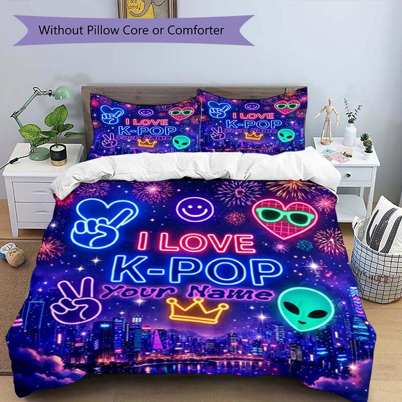3PC Custom Name K-Pop Neon Celebration Bedding Set Duvet Cover Closure Includes 1 Duvet Cover & 2 Pillowcases for Bedroom