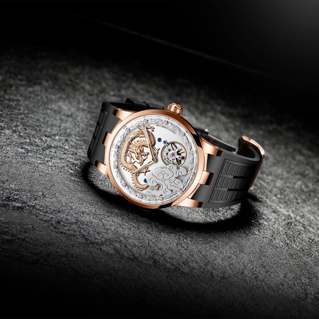 HAOFA Watch Carcel Watch Mechanical Manual Winding 3D Dial Golden Dragon Diamond Watch Waterproof Rubber Strap Luxury Gentleman Gift for Men Men's