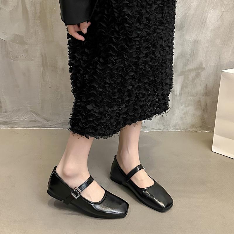 

Модная обувь Мэри Джейн Женская Высокое качество Пряжка Балетки для женщин Квадратный носок Плоская Кожаная Женская Одинарная обувь 2025 35 чёрный