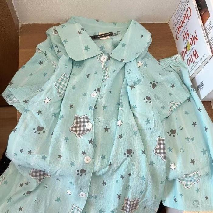 

Pajamas women s summer new cloud cotton double short lapel collar short sleeve shorts casual cartoon cute loungewear set M