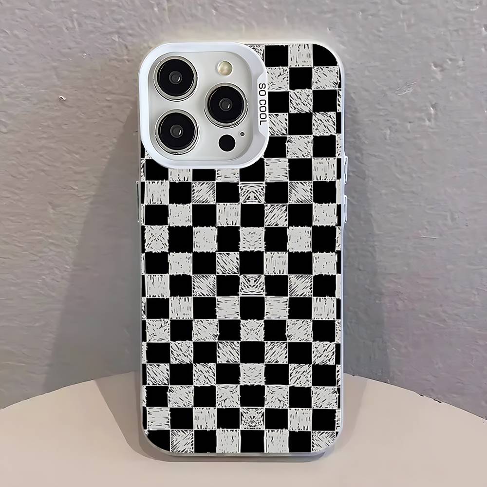 Black white Checkered  Phone Case For iPhone 17,16,13,12,11,15,14,Pro,Max,Plus,SE4,Air,Mini White IMD Matte