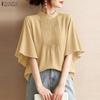 Women Casual Stand Collar Solid Color Loose Short Sleeve Blouse