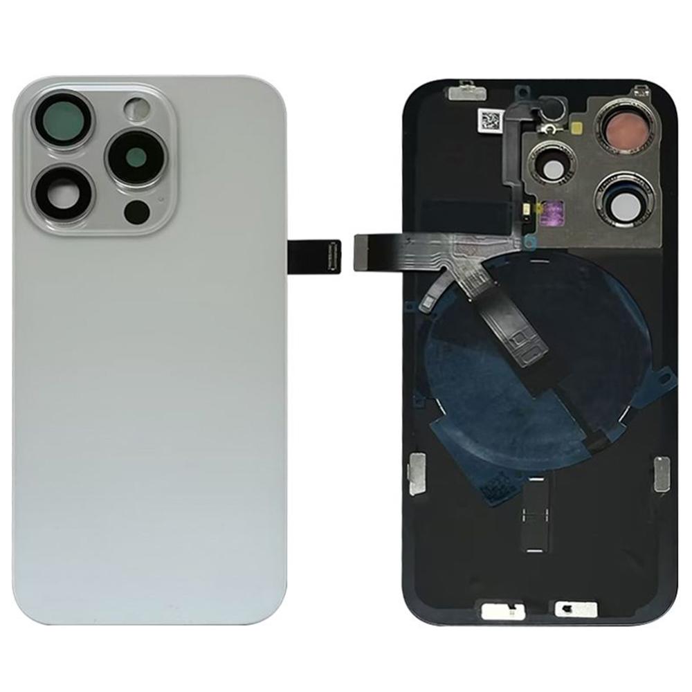 

For iPhone 15 Pro Battery Housing Cover+Camera Lens Cover+Bracket+Wireless Charging Port Cable White