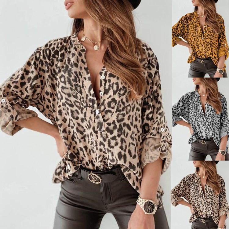 Fashion Leopard Print Women Top Digital Printing Long Sleeve Shirt Loose V Neck Pullover Blouse Bluzas Femeninas Elegantes