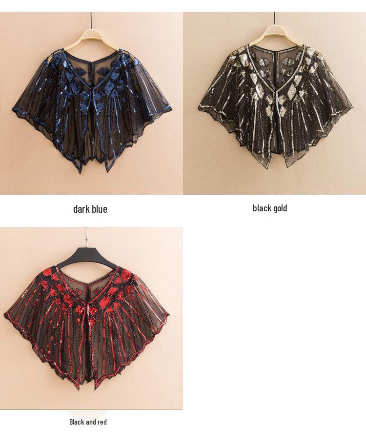 Cheongsam Evening Gown Shawl with Sequined Lace Shrug Cape