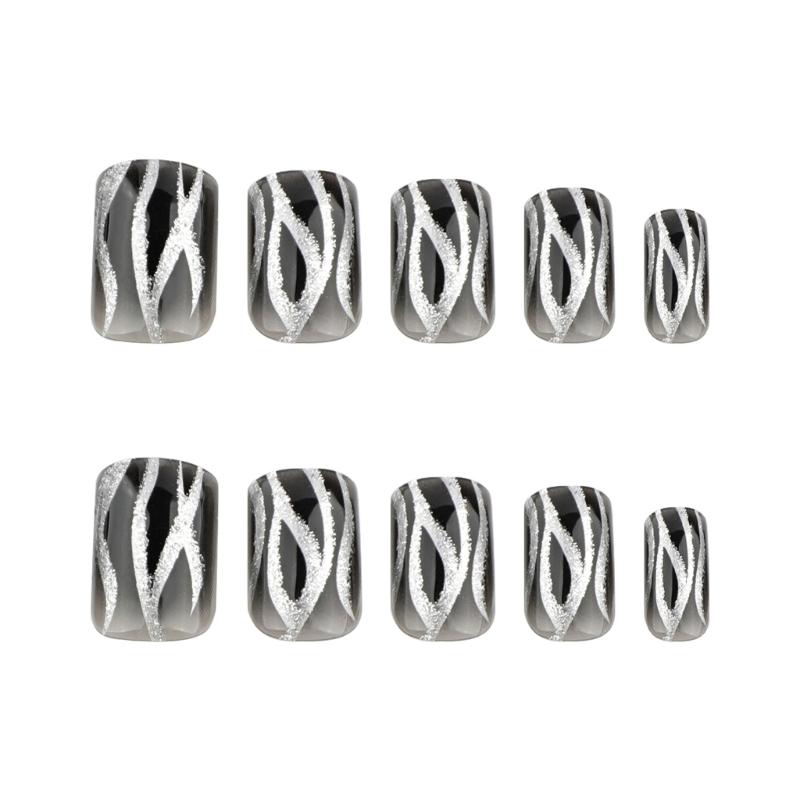 24 Pcs Flame Artificial Nail Black Gradient Press On Nail Square Stick On Nail Glittering False Nail for Woman