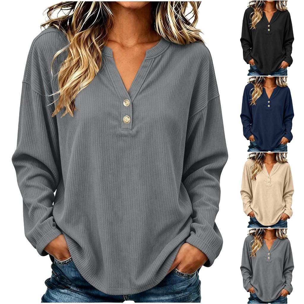 Women's Color V-Neck Long Sleeve Loose Fit Top for Casual Everyday Wear