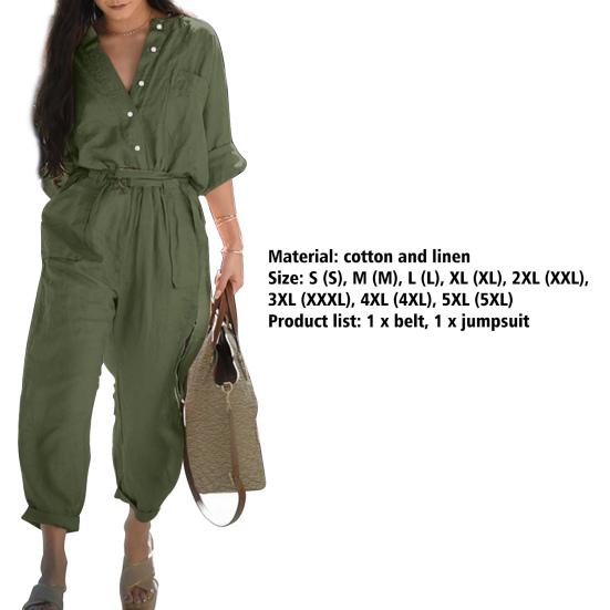 V-neck Buttons Closure Belt Women Jumpsuit Women Casual 3/4 Sleeve Solid Color Cargo Jumpsuit Ladies Outfit
