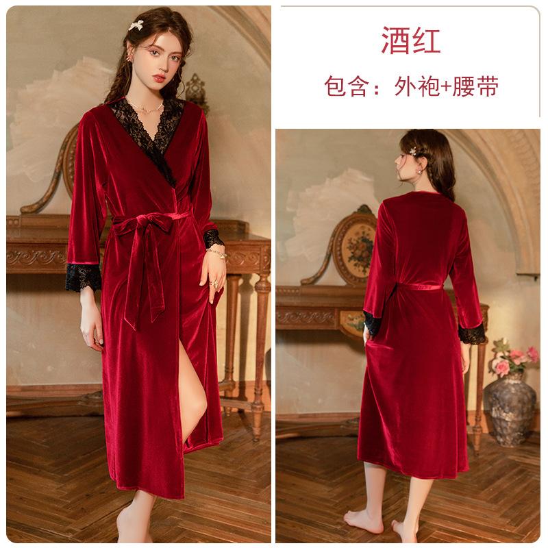 Rose Ruo autumn and winter velvet thickened long lace splicing lace-up cardigan bathrobe nightgown women's loungewear set 1111