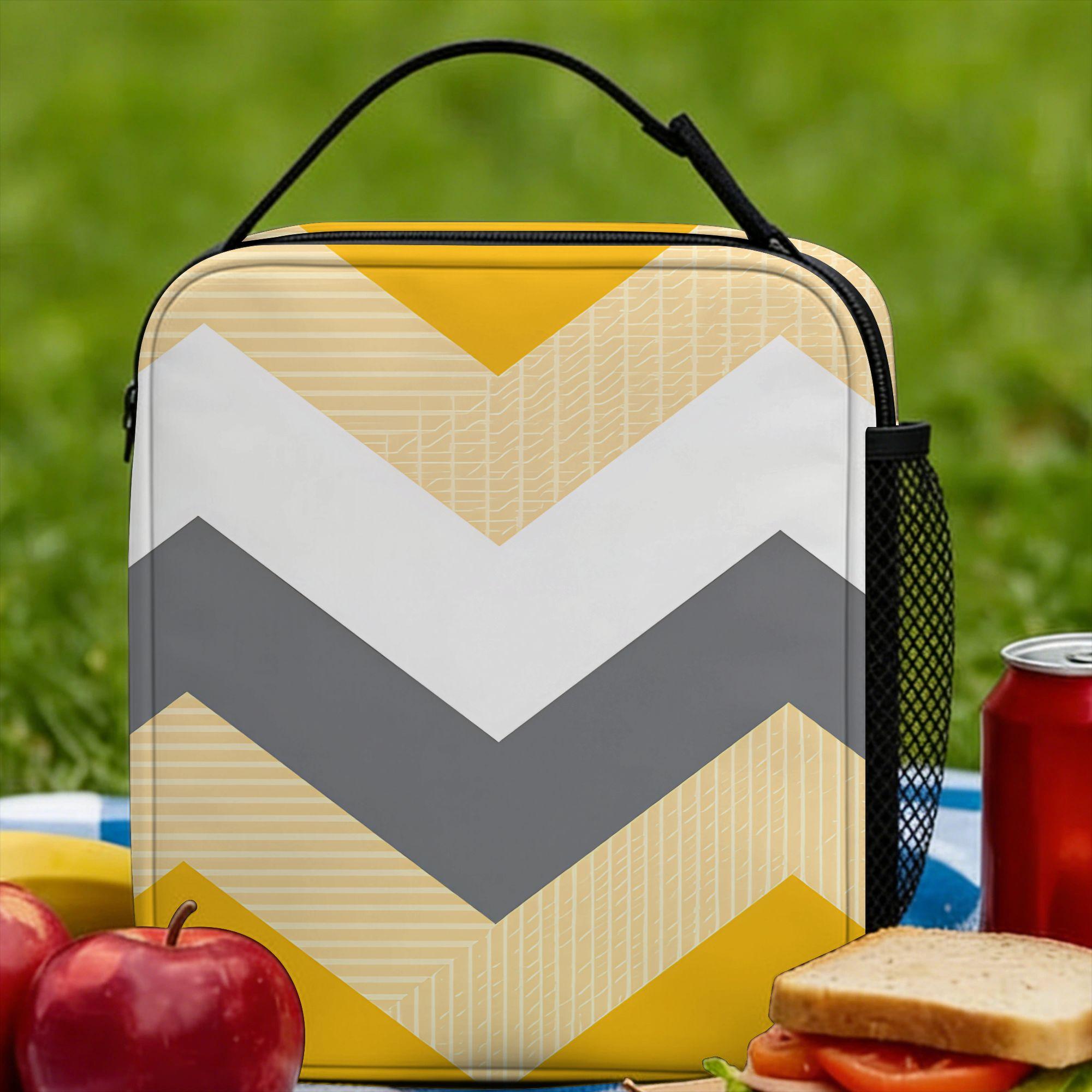 Yellow Grey Geometric Lunch Bag For Women  Print Lunch Box Retro Travel Cooler Bag Convenient Oxford Thermal Tote Handbags One Size