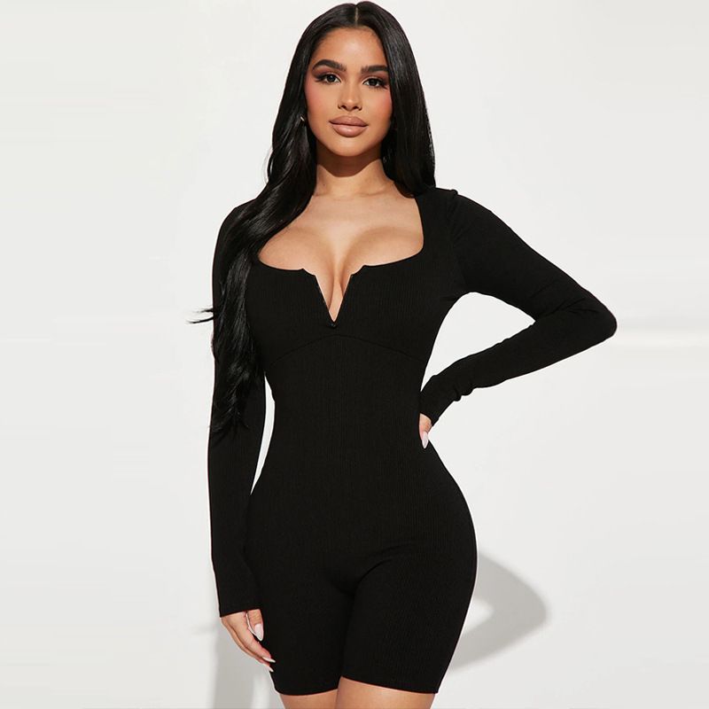 

Solid Color U-neck Long Sleeved Jumpsuit Pure Color U-Neck Long-Sleeved Jumpsuit Black S