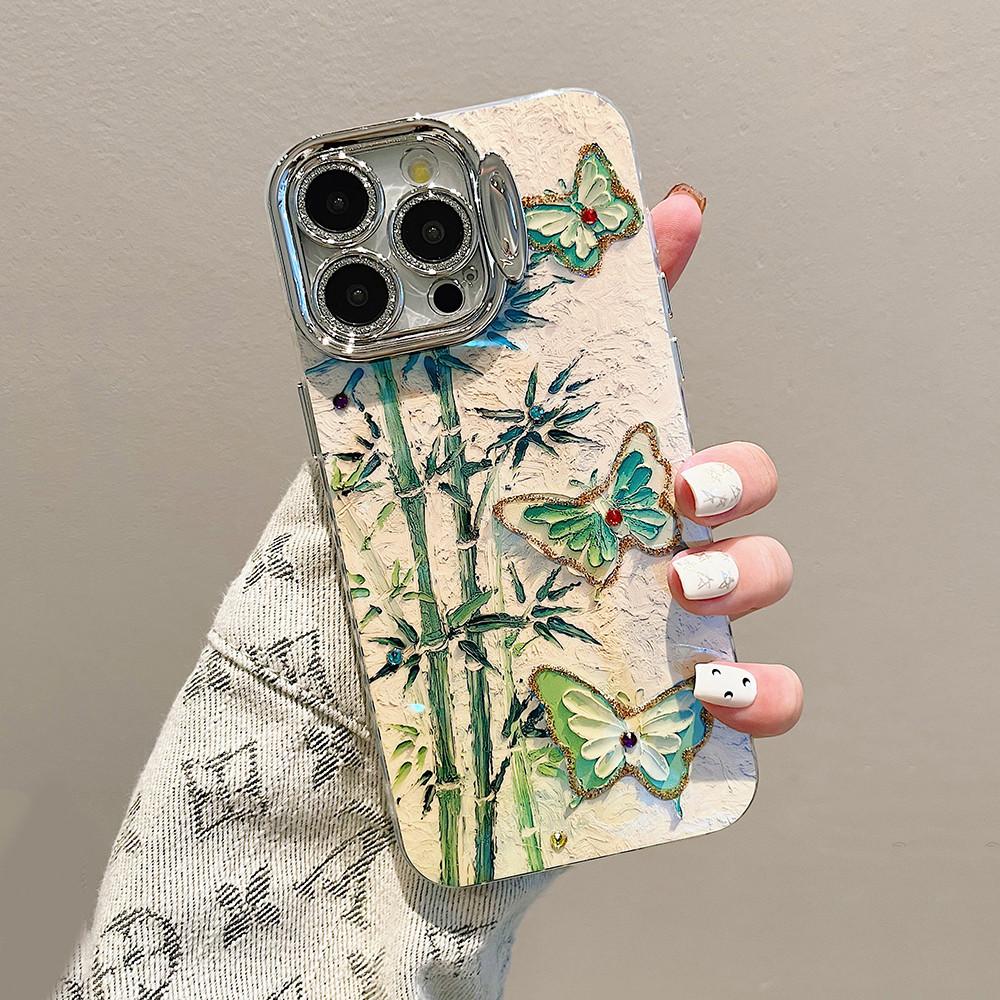 with Invisible lens bracket protective film Phone Case For iPhone 15 14 Plus 11 12 13 Pro Max 12pro 14pro Green Bamboo Butterfly Pattern Back Cover