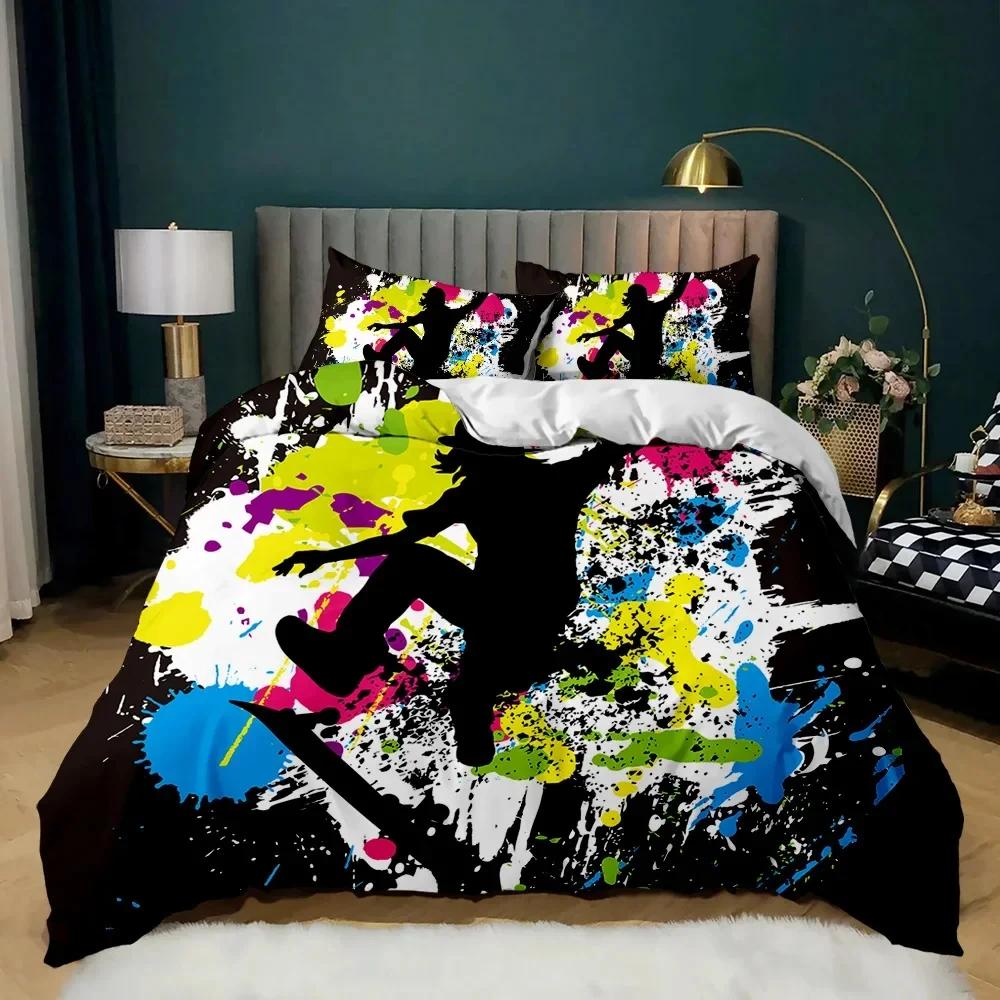 Skateboard-Bettbezug-Set, Hip-Hop-Stil, Bettwäsche-Set, bunt, Regenbogen, Batik, Hippie, abstrakte Graffiti-Kunst, Polyester-Bettbezug