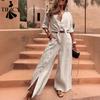 Moda Casual para Mujer Primavera Otoño Color Sólido Estampado Manga Larga Cuello en V Pantalones Trajes