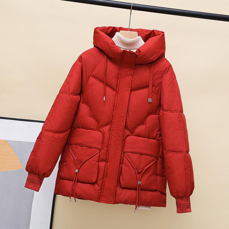 

Женское блестящее хлопковое пальто с капюшоном - зимнее в корейском стиле, свободного кроя, утолщенное, большого размера 4XL (170-190 jin) красный