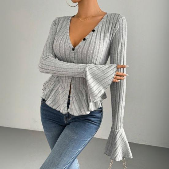 Women Tops Slim Fit V Neck Flared Long Sleeve Ruffle Detail Knitting Tops Solid Color Buttons Closure Winter Sweater