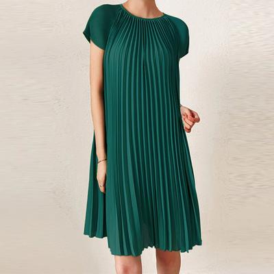 Women Casual O-neck Short Sleeve Summer Pleated Dress