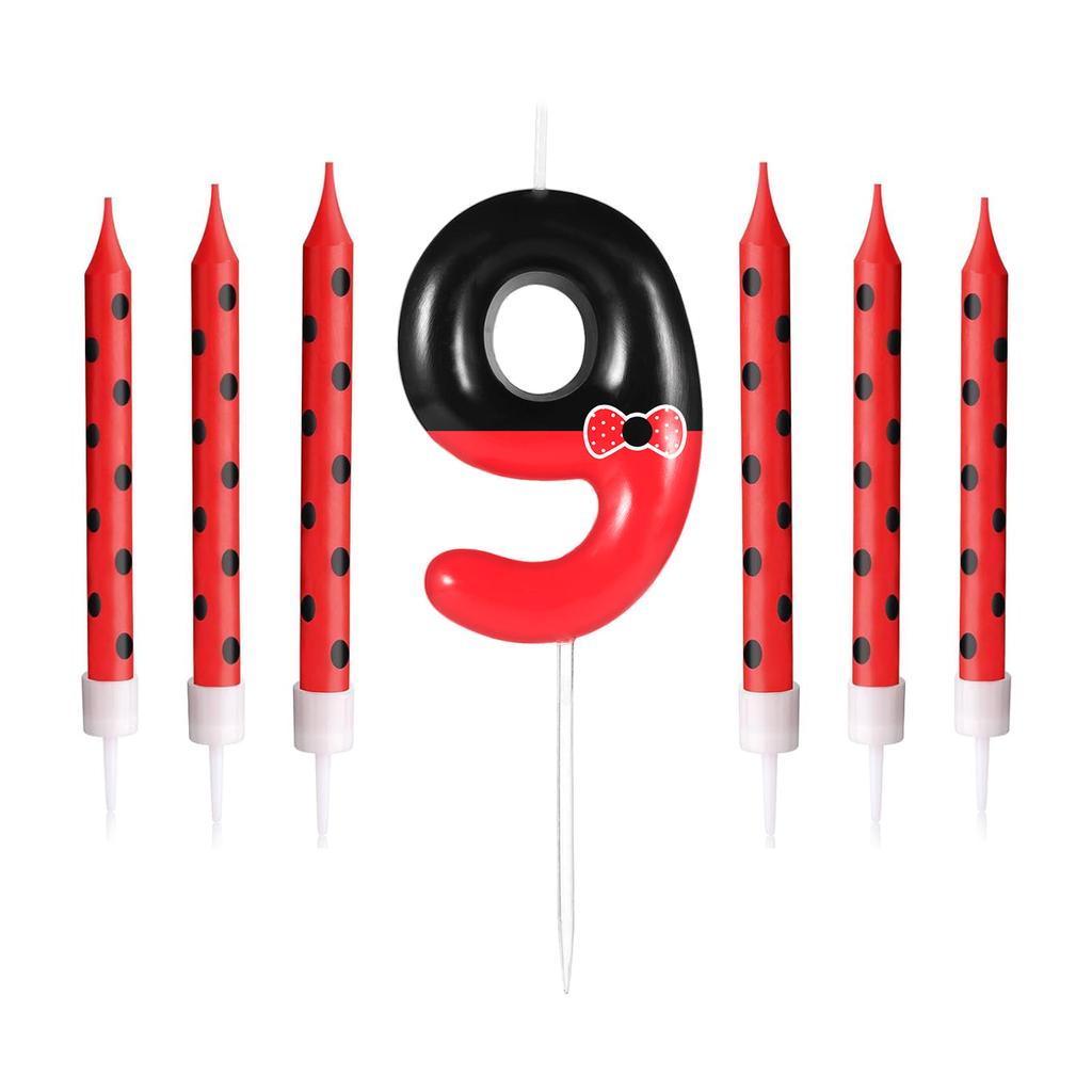 7pcs Black Red Bow Birthday Candles for Boys Girls, Red Mouse Number 0-9 Cartoon Themed Birthday Party Cake Decorations Supplies